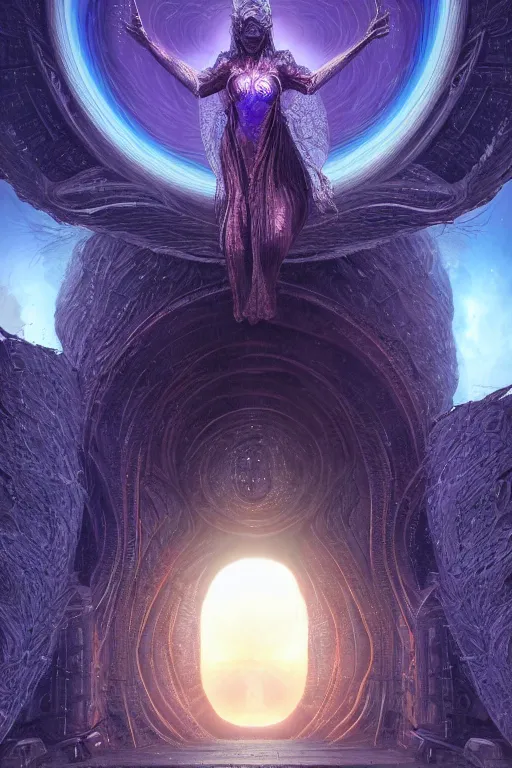 Prompt: heartbreaking portrait of cosmic angel queen at the entrance of a stunning stargate - portal to the unknown universe by wayne barlowe, moebius, craig mullins, sense of wonder, intricate beautiful cosmic opal filigree details, 8 k octane render, cinematic lighting,