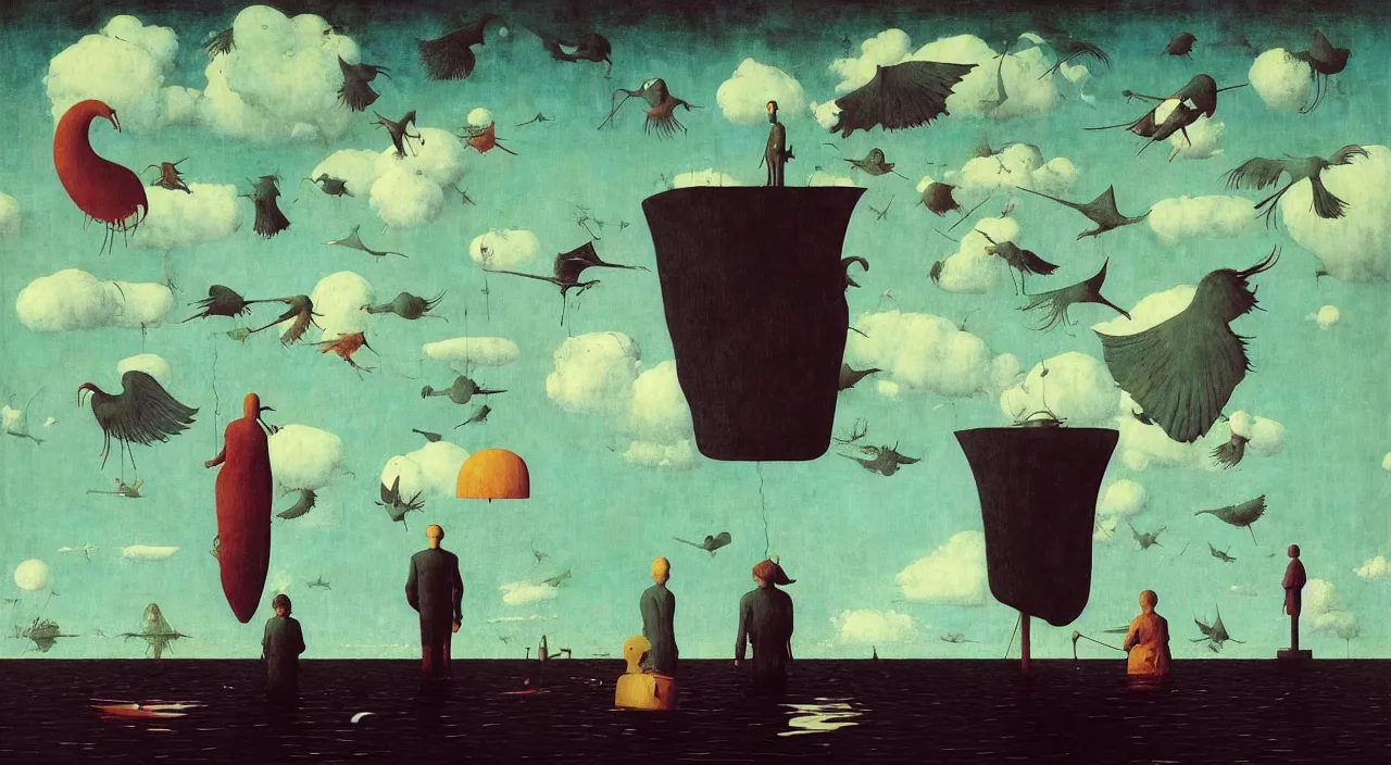 Image similar to single flooded simple!! giant bird, very coherent and colorful high contrast masterpiece by norman rockwell franz sedlacek hieronymus bosch dean ellis simon stalenhag rene magritte gediminas pranckevicius, dark shadows, sunny day, hard lighting