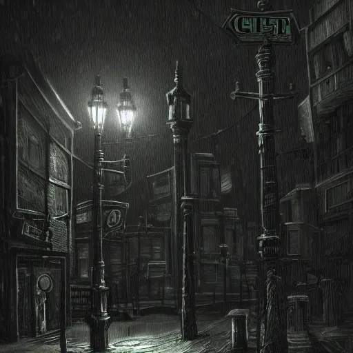Prompt: dark city bus stop, by hp lovecraft, very detailed,ArtStation