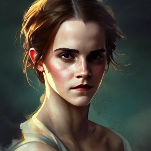 Image similar to Emma watson, Magic the Gathering art, expressive facial features, art by greg rutkowski and alphonse mucha, highly detailed, digital painting, matte painting, concept art, illustration, oppressive lighting, trending on artstation, very detailed