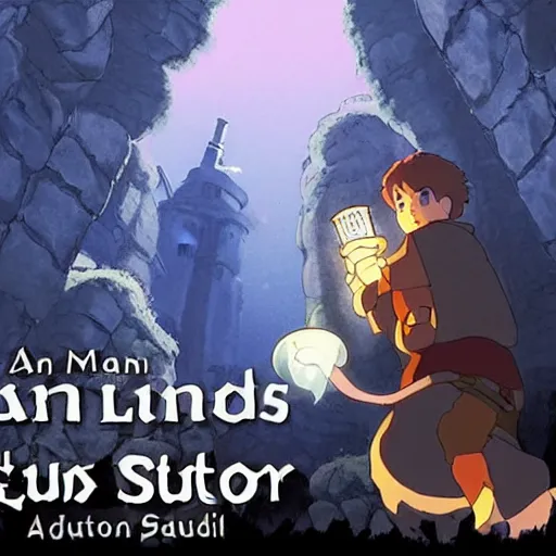 Image similar to a man holds a torch and explores a Dungeon, luminous, studio ghibli