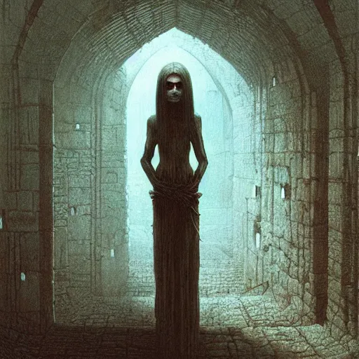 Image similar to cute girl in necromancer crypt by beksinski