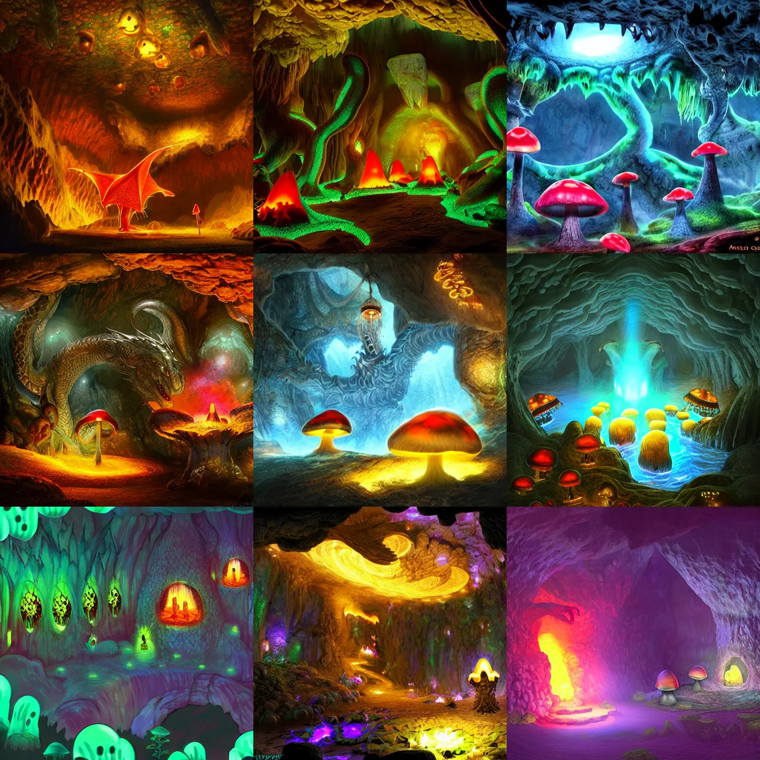 Prompt: a fantasy cave filled with glowing mushrooms with a large dragon within