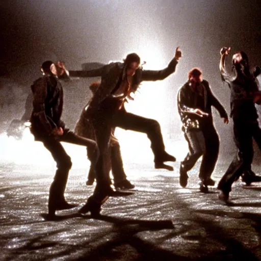 Image similar to four men dancing furiously in a postapocalyptic wasteland, amazing movie still, Spielberg, Cronenberg, Wes Craven, Takashi Miike