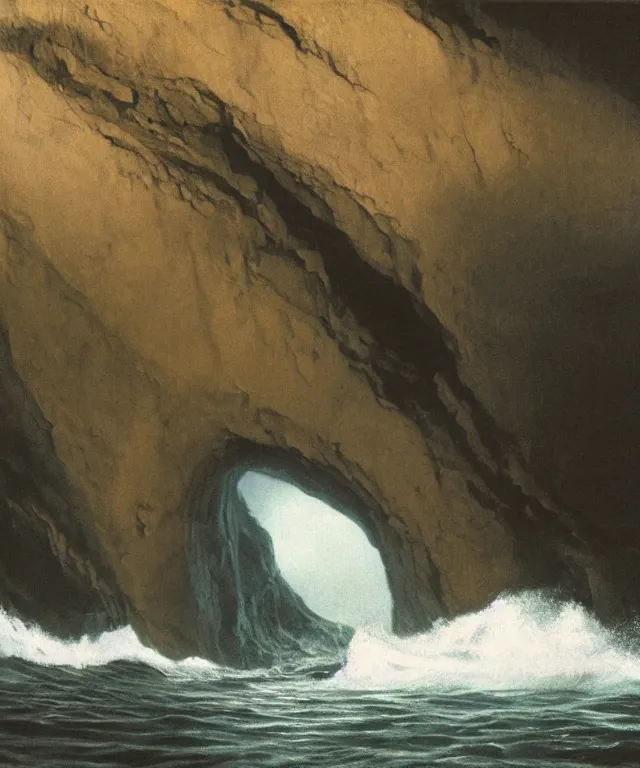 Image similar to photorealistic painting of a 1 9 2 5 seiner sailing near a short tropical cliff with the mouth of a sea cave at the waterline, dark, brooding, atmospheric, lovecraft, horror, smooth, epic, highly detailed, cinematic, by robert bateman