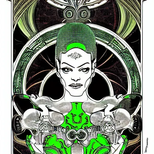 Image similar to Seven of Nine the Borg from star trek, art nouveau, amazing details, intricate details, beautiful ,insane details , tarot card, black paper, neon green, fractal system circuit , in the style of Alphonse Mucha,