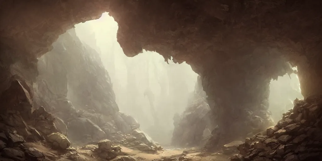 Image similar to a stone portal glowing from within, in a cave, foggy, surrounded by rocks, art by greg rutkowski