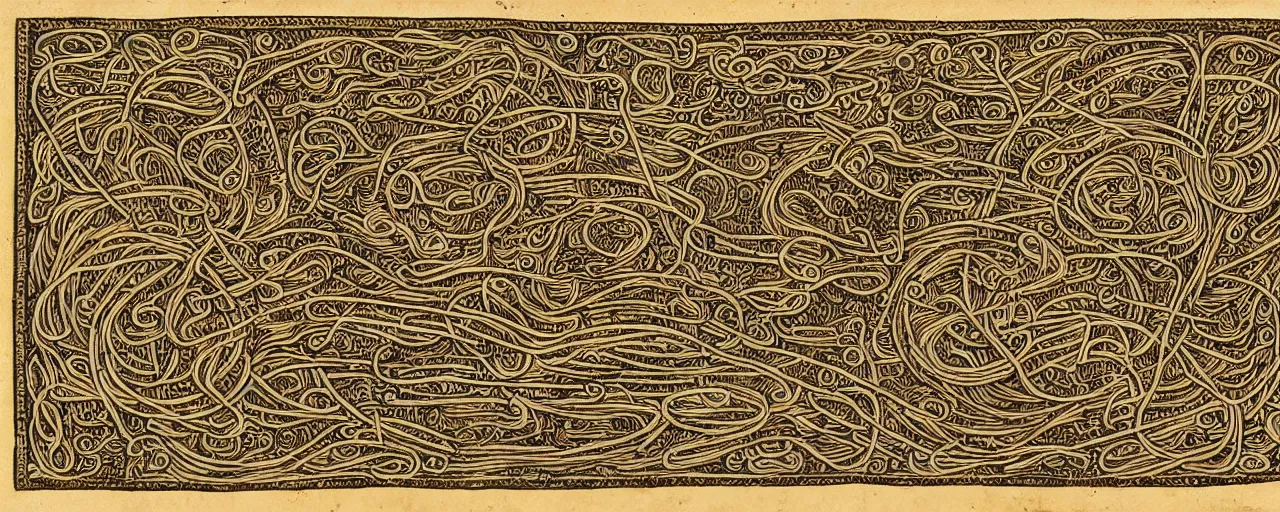 Prompt: ancient book with images of spaghetti, in the style of the popol vuh, fine detail,