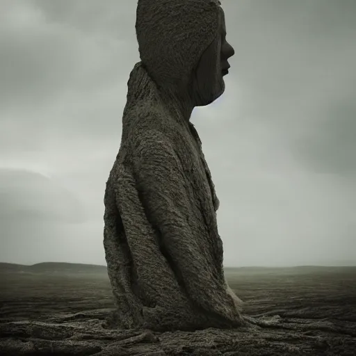 Prompt: A beautiful sculpture of a small figure standing in the center of a dark, foreboding landscape. The figure is surrounded by strange, monstrous creatures, and there is a feeling of unease and dread. Gucci, liminal space by Elizabeth Gadd monumental