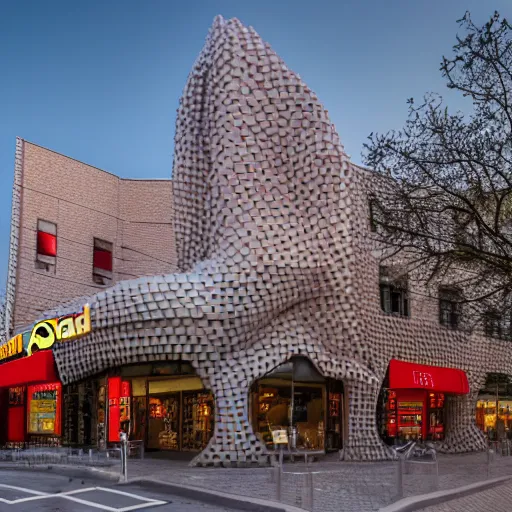 Prompt: High-quality photography of a McDonald's designed by Antoni Gaudi, award-winning architecture photography, Canon TS-E 17 mm