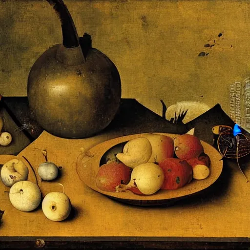 Prompt: still life of rotting fruit, pieter bruegel the elder, oil painting, yellowed