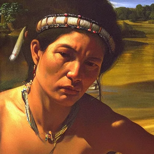 Image similar to beautiful oil matte portrait painting, amazon indigenous tribe leader finding a plastic bottle at the shore, wonderful masterpiece highly detailed, beautiful cinematic light deep focus, elegant, digital painting, smooth, sharp focus, golden ratio, dramatic illumination, ultra realistic, 8 k, art by artemisia lomi gentileschi and caravaggio