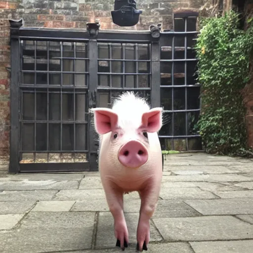 Prompt: pig wearing victorian dress in the courtyard doing crossfit