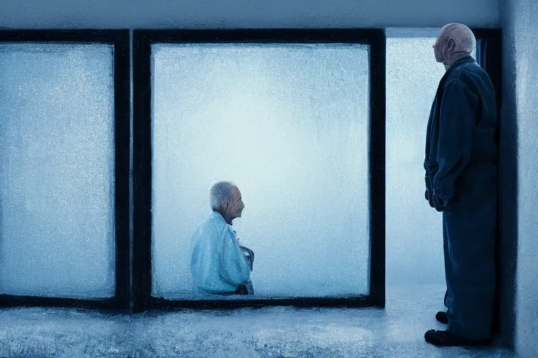 Image similar to a cinematic painting of an old male prisoner inside of jail cell looking out of a small frosted window, beautiful lighting, high depth, ultra realistic, artistic, by annie leibovitz, by gregory crewdson, blue color theme