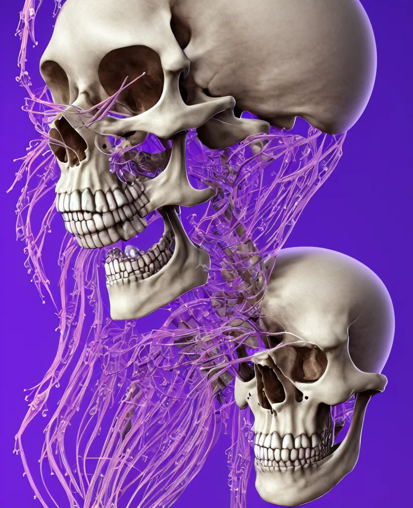 Image similar to goddess close-up portrait human skeleton, ram skull, skeleton, thorax, x-ray, backbone, jellyfish phoenix head, nautilus, orchid, skull, betta fish, bioluminiscent creatures, intricate artwork by Tooth Wu and wlop and beeple. octane render, trending on artstation, greg rutkowski very coherent symmetrical artwork. cinematic, hyper realism, high detail, octane render, 8k