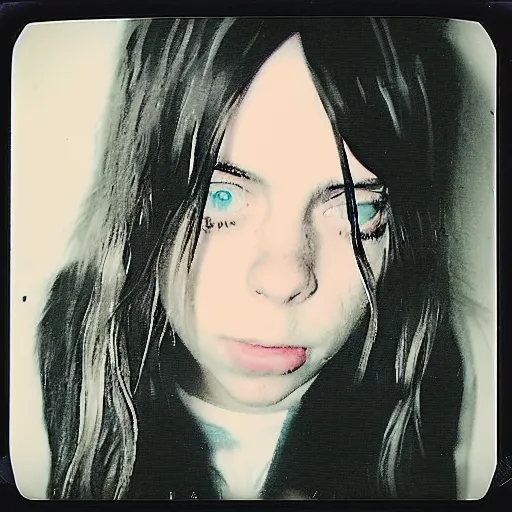 Prompt: A creepy polaroid photo of Billie Eilish chasing you down a hallway