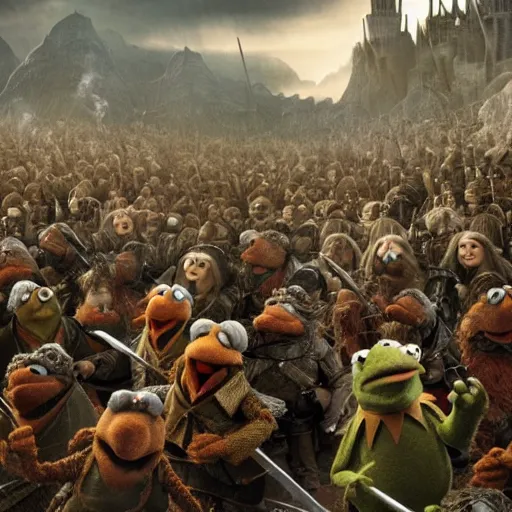 Prompt: The muppets in the battle of helms deep wide angle battle scene, highly textured, hyperrealism, explosions, award winning, gritty