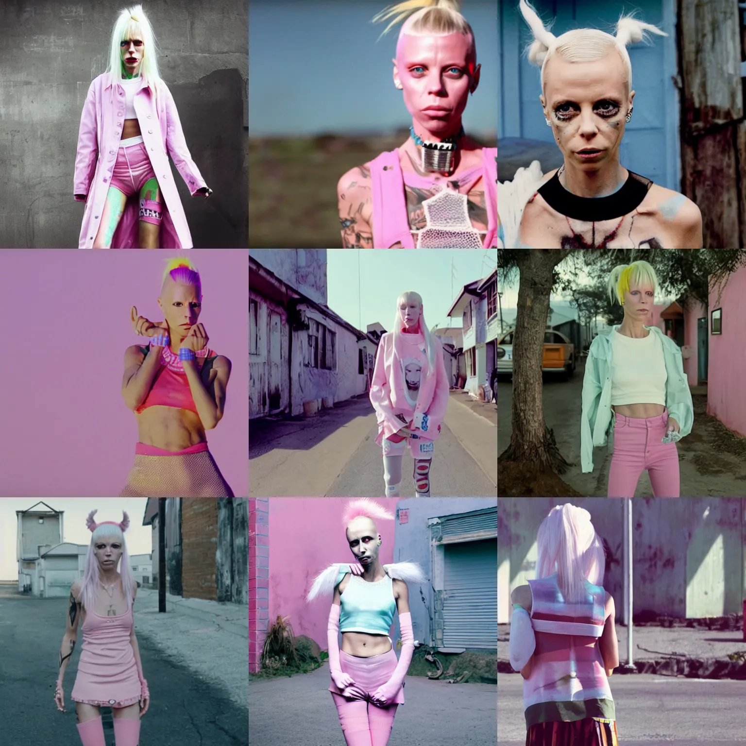 Prompt: yolandi visser from die antwoord standing in a township street, pastel color palette, still from a music video