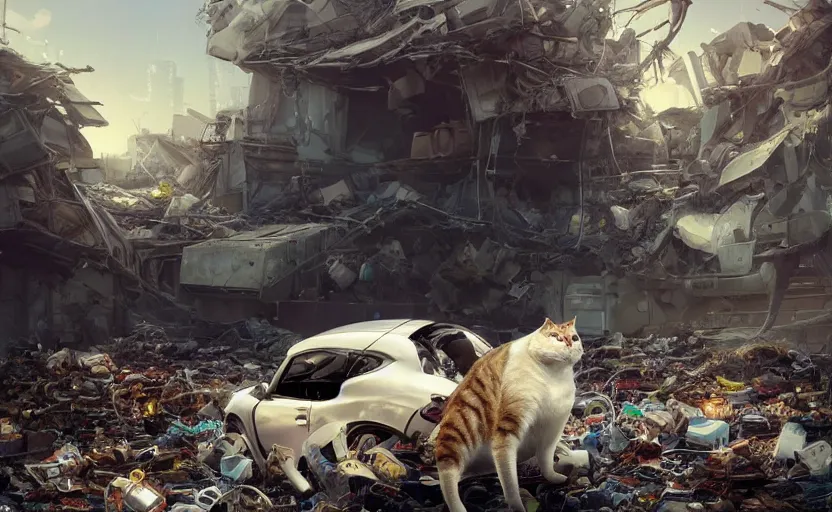 Prompt: digital render. aesthetics. handsomely. handsome half - man half - cat in work clothes. car dump with the remains of broken robots. anthropomorphic cats in the middle of a car dump. by greg rutkowski, ferdinand knab, makoto shinkai. artstation trend, 4 k. wow. octane render. vray