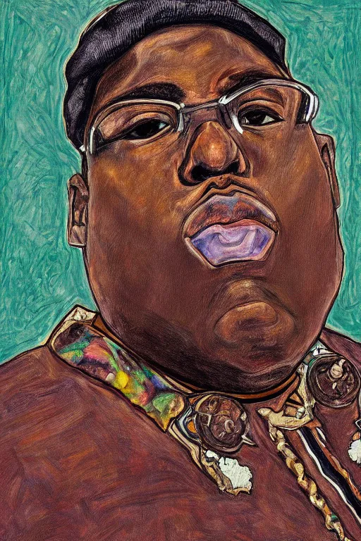 Image similar to a portrait of biggie smalls in style of egon schiele, notorious b. i. g., masterpiece, hyperdetailed, complex, intricate, old school photo, 4 k, trending on artstation