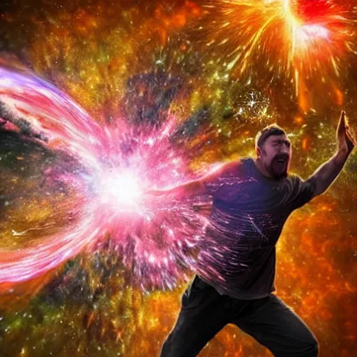 Image similar to man facing an exploding supernova. photorealism. epic.