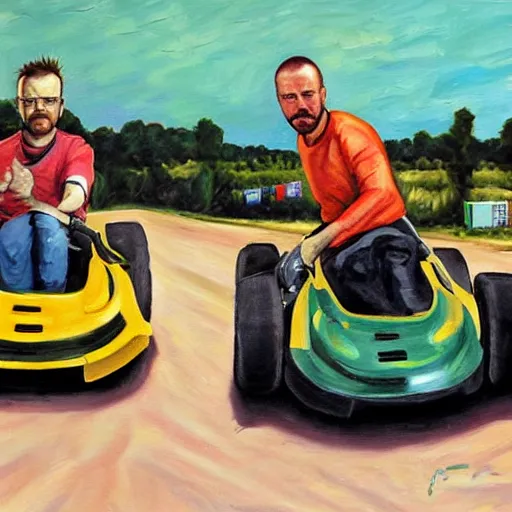Prompt: oil painting of Walter White and Jesse Pinkman go-karting