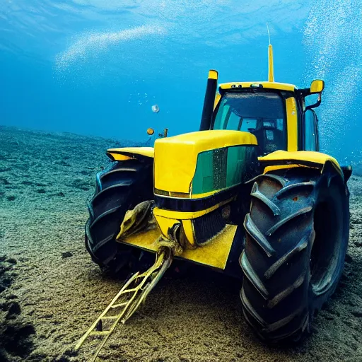 Prompt: an tractor underwater towing a plough through the seabed