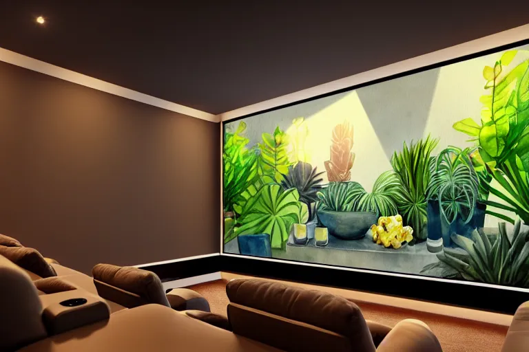 Prompt: very wide angle view, a modern home movie theater with giant projector screen!!, stylish wall sconces lights, detailed art deco decoration!!, plants, popcorn machine, rough watercolor painting, trending on artstation