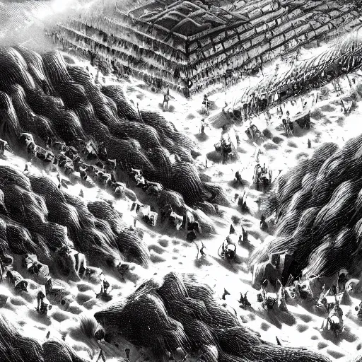Prompt: the battle of two huge armies in the style of kentaro miura, 4 k, 8 k, absolute detailing of even the smallest details and particles, beautiful shadows, beautiful art, black and white drawing