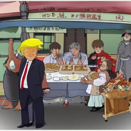 Image similar to donald trump feeding the homeless in the style of studio ghibli