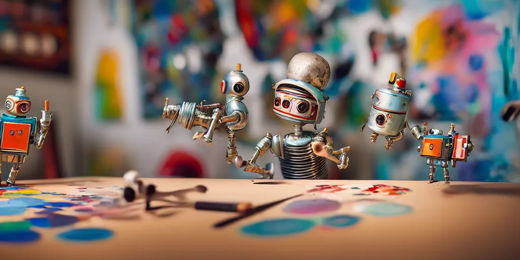 Image similar to closeup portrait of tin toy retro robots painters mixing gouache on white paper table in an artist workshop, depth of field, zeiss lens, detailed, centered, fashion photoshoot, by nicoletta ceccoli, mark ryden, lostfish, breathtaking, 8 k resolution, extremely detailed, beautiful, establishing shot, artistic, hyperrealistic, octane render