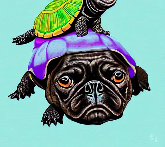 Image similar to a cute little turtle sitting on the back of a black pug, digital art, colourful