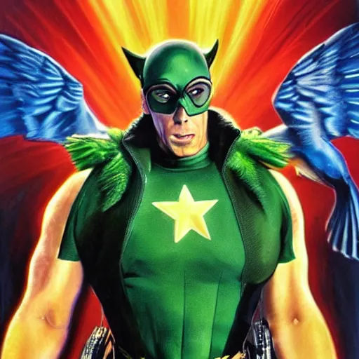 Image similar to action hero Michael Bay movie poster featuring Marvel Majestic Fat Pigeon in a extravagant full body green suit by Alex Ross, oil painting