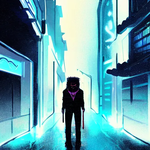 Prompt: digital painting of a teenage Synthwave aesthetic albino lion in a dark rainy cyberpunk alleyway while holding a long dagger and wearing a dark cyan neon glowing black cloak reflecting on the wet pavement trending on artstation, cinematic lighting