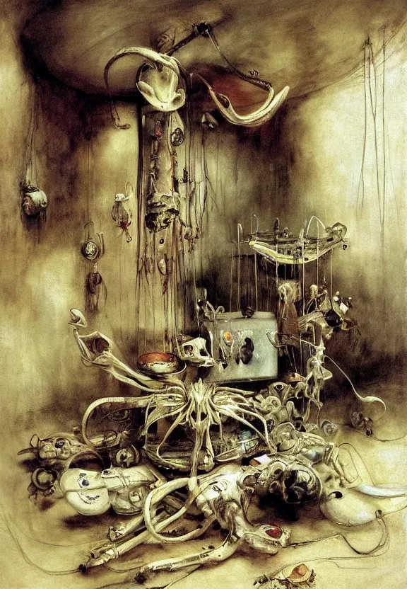 Prompt: soft color medical equipment, whirling, minimalist environment, by hr giger and esao andrews and maria sibylla merian eugene delacroix, thomas moran, pop art