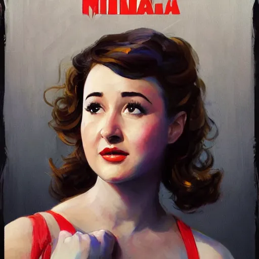 Image similar to Portrait of Milana Vayntrub as the heroine of a 1950s sci-fi movie poster art by Ruan Jia and Mandy Jurgens and Artgerm and william-adolphe bouguerea, highly detailed, trending on artstation, award winning,