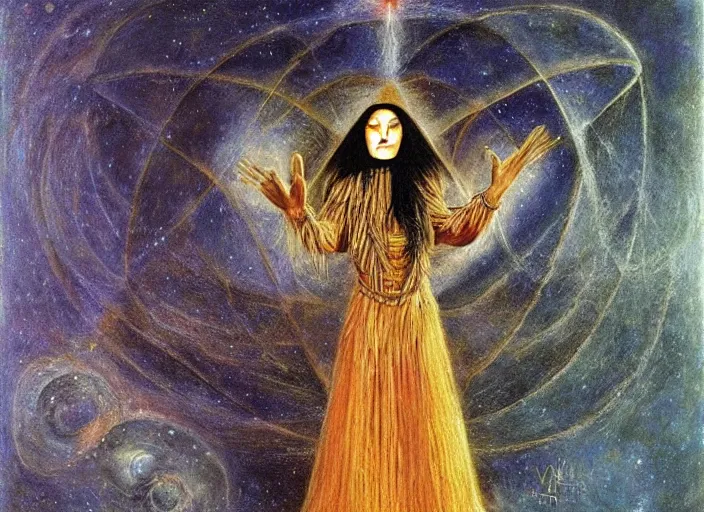 Prompt: a shaman woman holding up the cosmic!! universe, by remedios varo, reflection, symbolist, pastel colors, dramatic lighting, smooth, sharp focus, extremely detailed, aesthetically pleasing composition