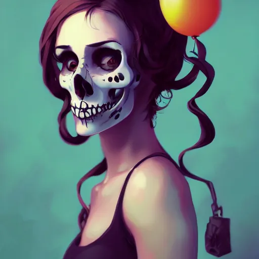 Prompt: a portrait of a girl skull face, swans, balloons, in the style of artgerm, charlie bowater, atey ghailan and mike mignola, vibrant colors and hard shadows and strong rim light, plain background, comic cover art, trending on artstation