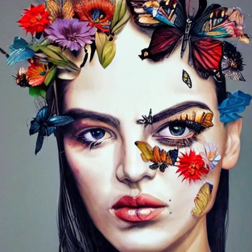 Prompt: a beautiful portrait sculpture designed by Sandra Chevrier, flowers and butterflies