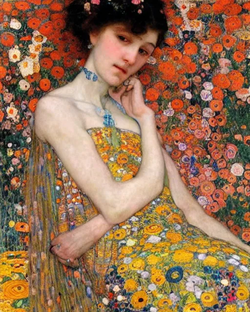 Image similar to a beautiful woman in a colorful dress surrounded by colorful patterns and flowers by gustave klimt and edgar maxence and john william waterhouse and michael whelan, artistic, intricate realistic fantasy, extremely detailed and beautiful face, 8 k resolution, dramatic lighting