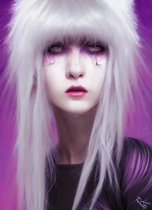 Image similar to hair whitebangs hair, black cyberlox, portrait of normal teenage girl, white bangs, messy bangs, fluffy bangs, cyberlox, whitebangs, red irises, purple background, intricate, elegant, highly detailed, digital painting, artstation, concept art, sharp focus, smooth, illustration, art by wlop, mars ravelo and greg rutkowski