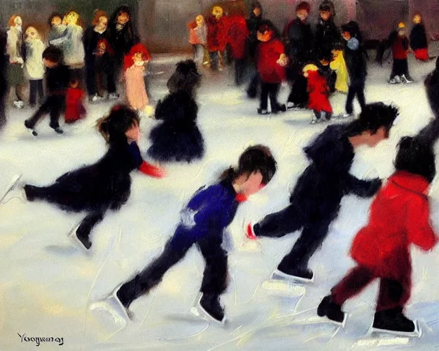 Image similar to Children ice skating. Oil painting by Lisa Yuskavage.