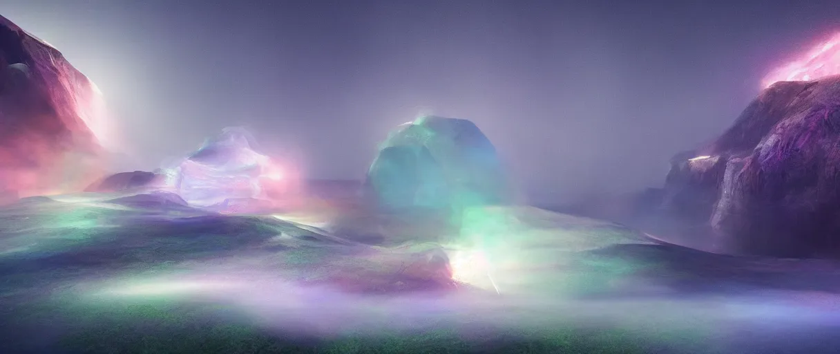 Image similar to dream landscape, simulation, volumetric object, physical particles, translucence, cinematic lighting, iridescence, by ash thorpe