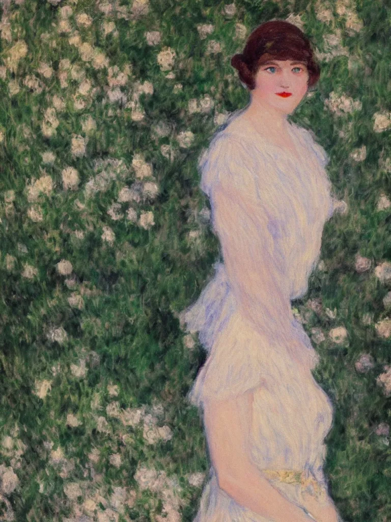 Prompt: portrait of < zelda fitzgerald > as a beautiful young lady wearing 1 9 2 0 s fashion, slim, fair, severe out of focus, depth of field, pleinairism, in the sun, backlit, closeup, oil on canvas, atr by monet, in the style of le promenade, smooth, impressionnisme, 8 k