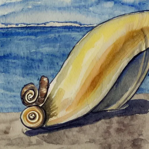 Image similar to a viking snail, on a ship at sea. watercolor painting