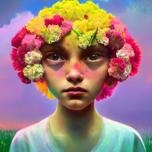 Prompt: face of carnations flower, girl in a flower field, surreal photography, sunrise dramatic light, impressionist painting, colorful clouds, digital painting, artstation, simon stalenhag, flower face