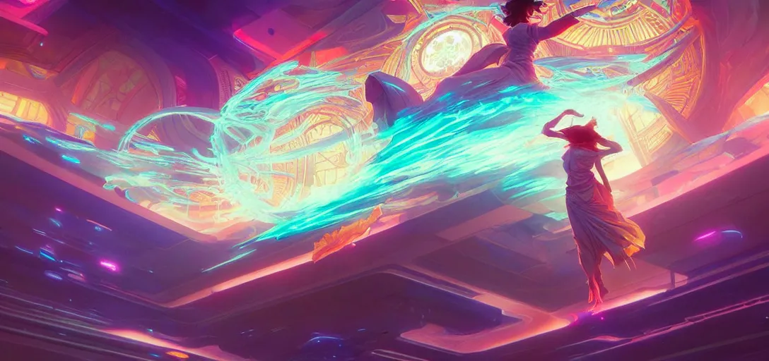 Image similar to a floating temple, channeling swirling energy, wearing netrunner clothing, vaporwave aesthetic, colorful, psychedelic, digital painting, artstation, concept art, smooth, sharp focus, illustration, art by artgerm and greg rutkowski and alphonse mucha