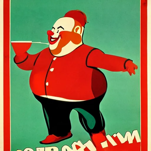 Image similar to fat communist clown portrait, soviet propaganda poster