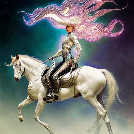 Prompt: psychedelic organic cyborg horseback riding, white holographic plastic, dramatic lighting, fantasy, intricate, elegant, highly detailed, lifelike, photorealistic, digital painting, artstation, illustration, smooth, sharp focus, art by john collier and albert aublet and krenz cushart and artem demura and alphonse mucha