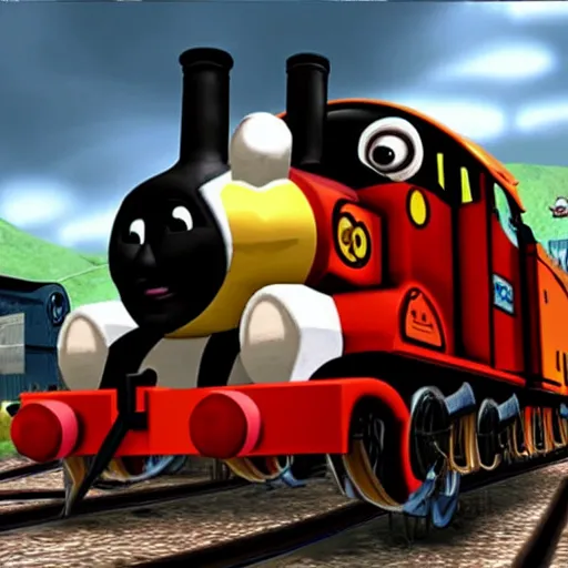 Prompt: thomas the tank engine in the video game twisted metal.